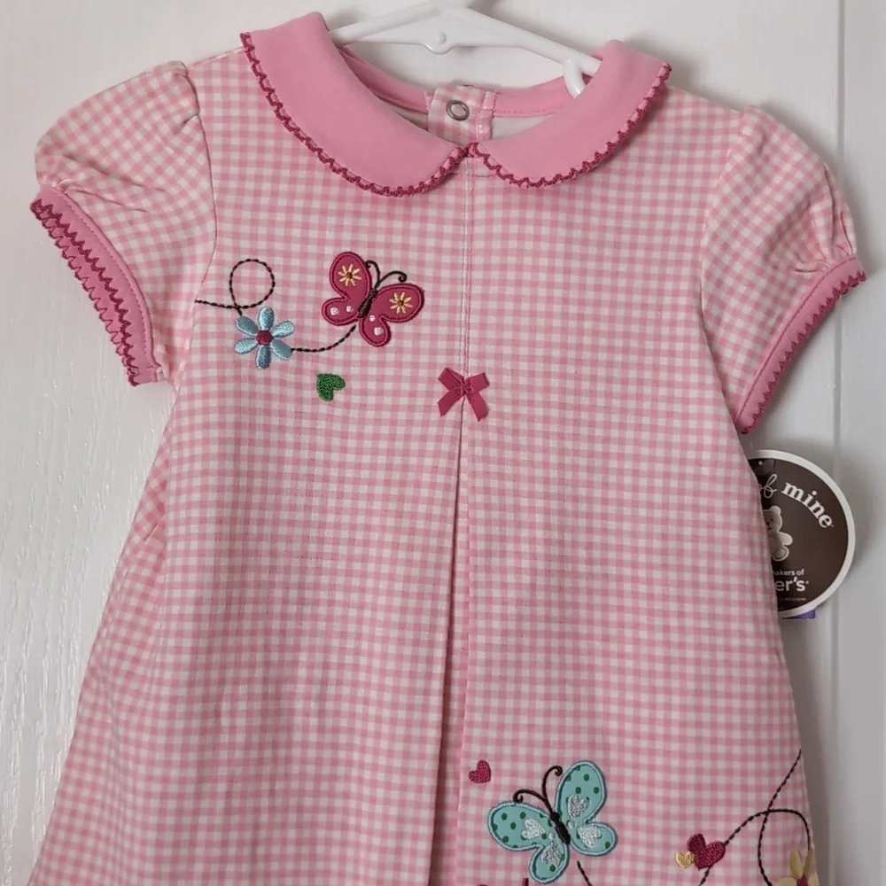Carter's Pink/White Check 2 Pc  Dress Set. Size 12 mos. Embroidered. Butterfly